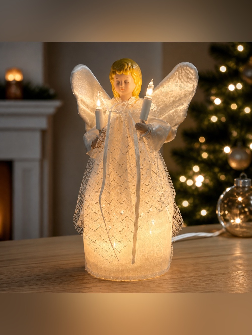 Elegant White & Lace Lighted Angel Tree Topper - 10 Lights